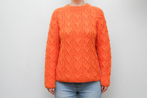 Vintage Pumpkin Orange Cable Knit Jumper – Wool Mix Fitted Sweater, Classic 70s Style Knitwear