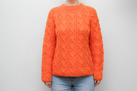 Vintage Pumpkin Orange Cable Knit Jumper – Wool Mix Fitted Sweater, Classic 70s Style Knitwear