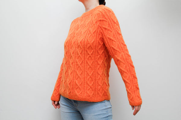 Vintage Pumpkin Orange Cable Knit Jumper – Wool Mix Fitted Sweater, Classic 70s Style Knitwear