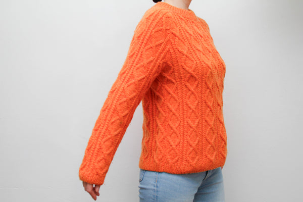 Vintage Pumpkin Orange Cable Knit Jumper – Wool Mix Fitted Sweater, Classic 70s Style Knitwear