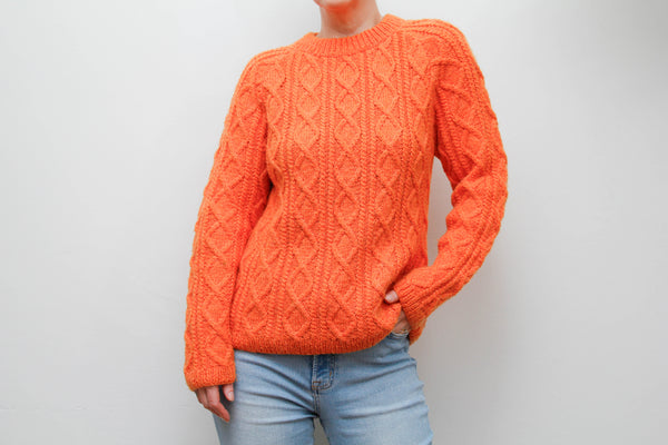 Vintage Pumpkin Orange Cable Knit Jumper – Wool Mix Fitted Sweater, Classic 70s Style Knitwear