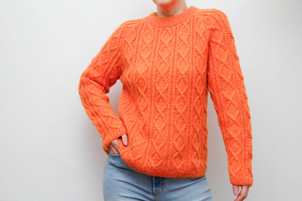 Vintage Pumpkin Orange Cable Knit Jumper – Wool Mix Fitted Sweater, Classic 70s Style Knitwear