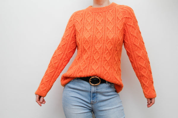 Vintage Pumpkin Orange Cable Knit Jumper – Wool Mix Fitted Sweater, Classic 70s Style Knitwear