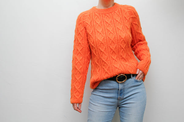 Vintage Pumpkin Orange Cable Knit Jumper – Wool Mix Fitted Sweater, Classic 70s Style Knitwear