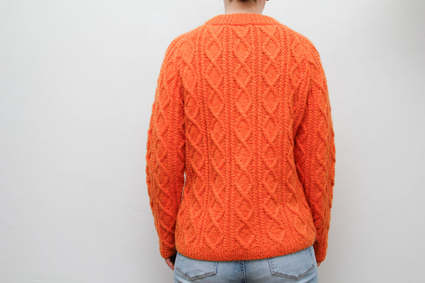 Vintage Pumpkin Orange Cable Knit Jumper – Wool Mix Fitted Sweater, Classic 70s Style Knitwear