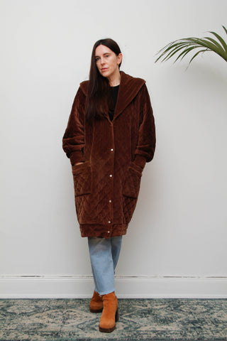 Vintage Brown Quilted Velvet Coat – Oversized Duster Style, 100% Cotton Velvet Luxury Outerwear