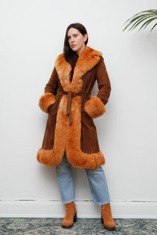 Vintage 1970s Tan Afghan Sheepskin Coat – Penny Lane Suede & Fur Trim, Bohemian 70s Style