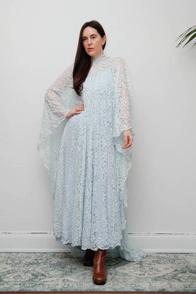 1970s Vintage Blue Lace Kaftan Dress – Wedding & Evening Gown