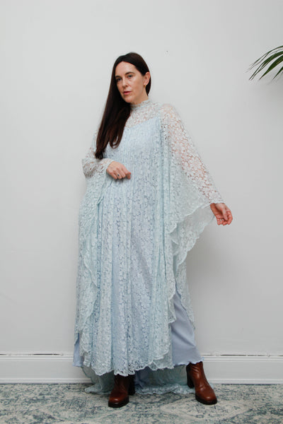 1970s Vintage Blue Lace Kaftan Dress – Wedding & Evening Gown