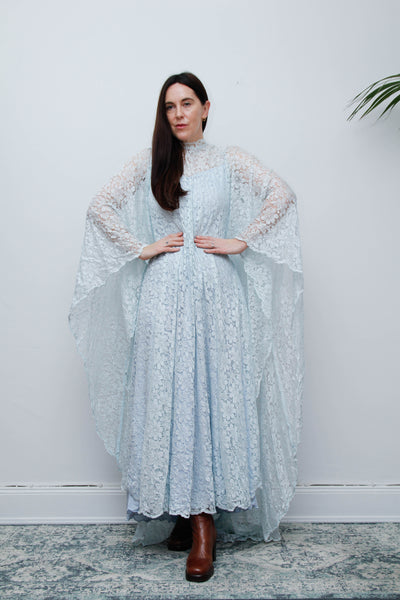 1970s Vintage Blue Lace Kaftan Dress – Wedding & Evening Gown