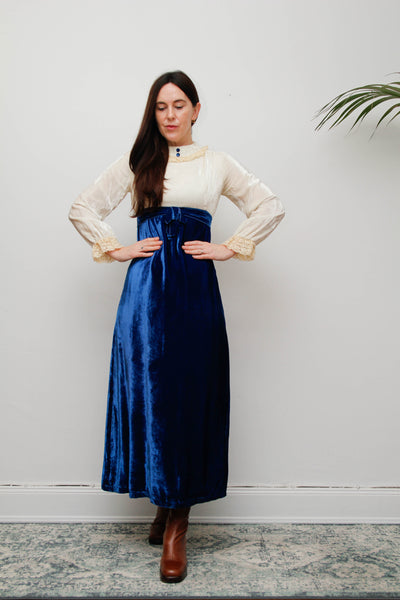 Vintage Velvet Dress – Cream & Royal Blue, Gothic Festive Style