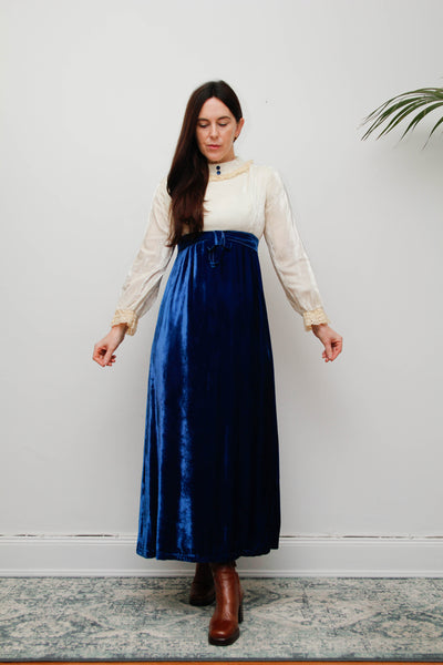 Vintage Velvet Dress – Cream & Royal Blue, Gothic Festive Style