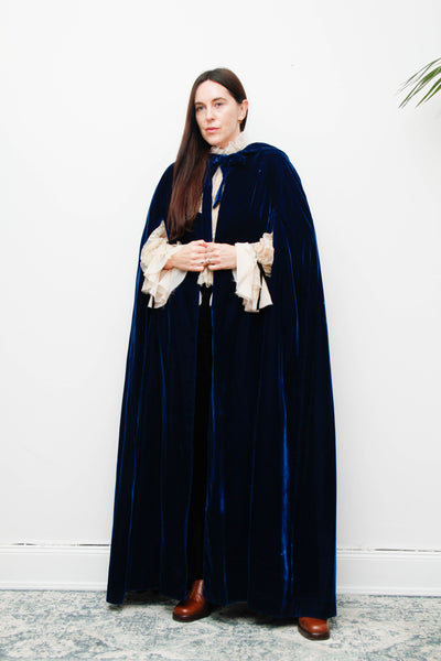 Vintage Gothic Opera Cape – Sapphire Blue Cotton Velvet