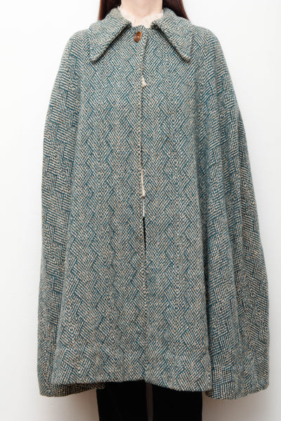 1970s Vintage Houndstooth Wool Cape – Blue & Green Tartan