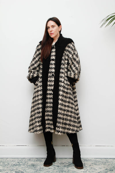 Vintage 1980s Checked Wool Coat – Poet Sleeve Bohemian Swing Jacket