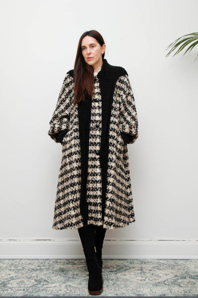Vintage 1980s Checked Wool Coat – Poet Sleeve Bohemian Swing Jacket