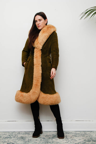 Vintage Green Olive Suede Sheepskin Coat – Rare Gothic Princess Style