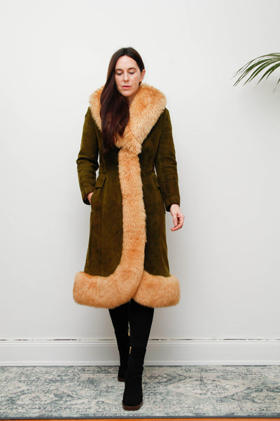 Vintage Green Olive Suede Sheepskin Coat – Rare Gothic Princess Style
