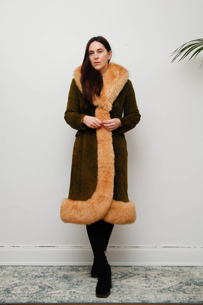 Vintage Green Olive Suede Sheepskin Coat – Rare Gothic Princess Style