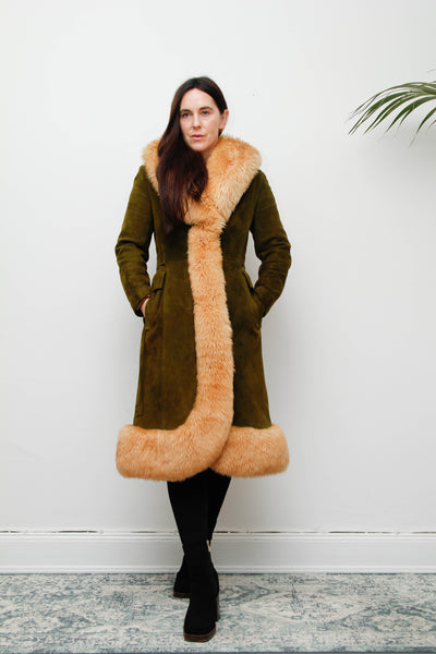 Vintage Green Olive Suede Sheepskin Coat – Rare Gothic Princess Style