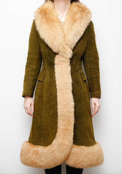 Vintage Green Olive Suede Sheepskin Coat – Rare Gothic Princess Style