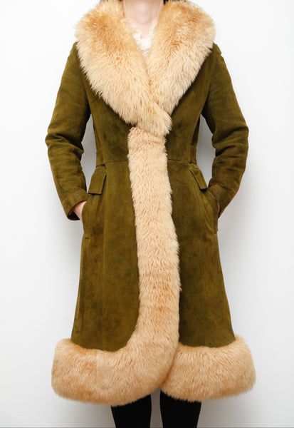 Vintage Green Olive Suede Sheepskin Coat – Rare Gothic Princess Style