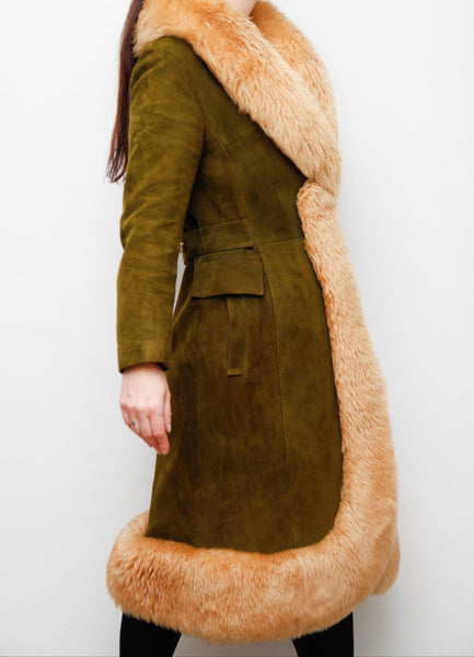 Vintage Green Olive Suede Sheepskin Coat – Rare Gothic Princess Style