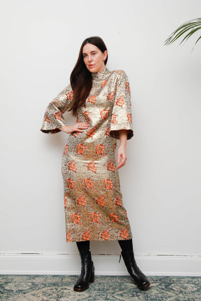 1970s Golden Floral Brocade Kaftan Maxi Dress with High Neck & Dramatic Sleeve