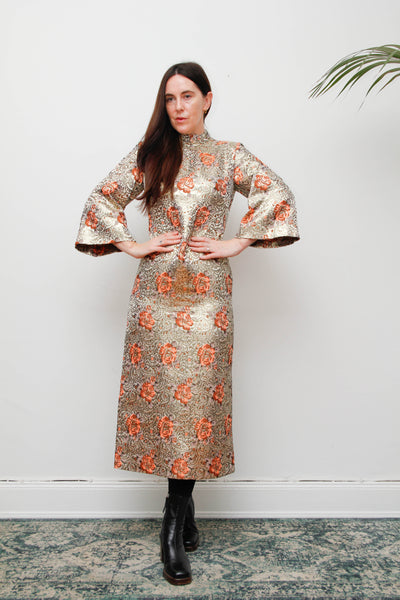 1970s Golden Floral Brocade Kaftan Maxi Dress with High Neck & Dramatic Sleeve