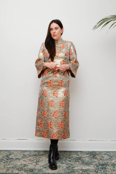 1970s Golden Floral Brocade Kaftan Maxi Dress with High Neck & Dramatic Sleeve