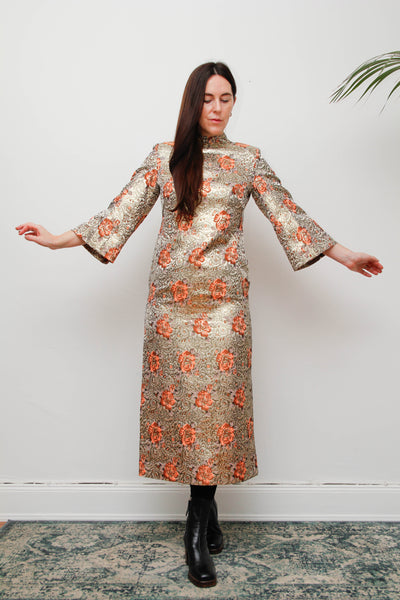 1970s Golden Floral Brocade Kaftan Maxi Dress with High Neck & Dramatic Sleeve