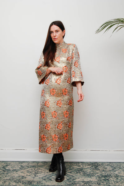 1970s Golden Floral Brocade Kaftan Maxi Dress with High Neck & Dramatic Sleeve