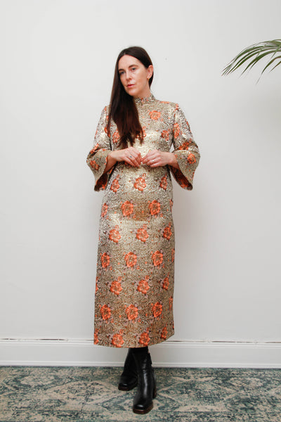 1970s Golden Floral Brocade Kaftan Maxi Dress with High Neck & Dramatic Sleeve
