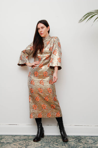 1970s Golden Floral Brocade Kaftan Maxi Dress with High Neck & Dramatic Sleeve