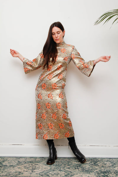 1970s Golden Floral Brocade Kaftan Maxi Dress with High Neck & Dramatic Sleeve