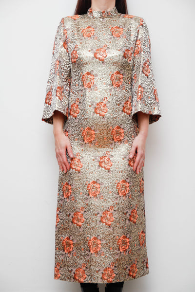 1970s Golden Floral Brocade Kaftan Maxi Dress with High Neck & Dramatic Sleeve