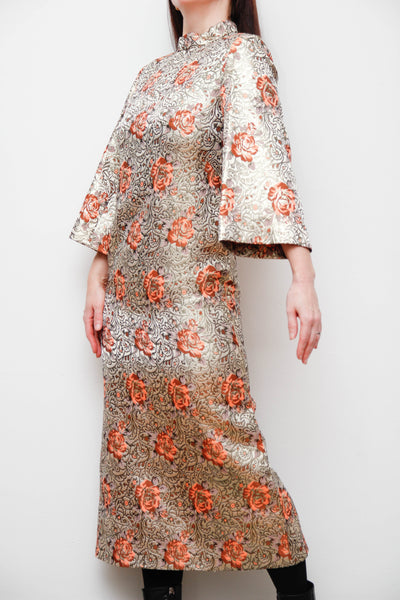 1970s Golden Floral Brocade Kaftan Maxi Dress with High Neck & Dramatic Sleeve