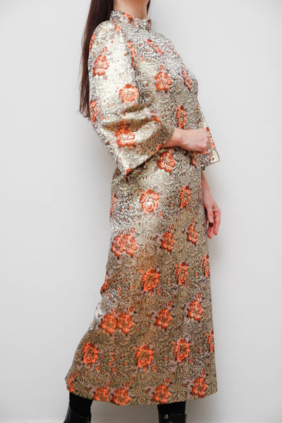 1970s Golden Floral Brocade Kaftan Maxi Dress with High Neck & Dramatic Sleeve