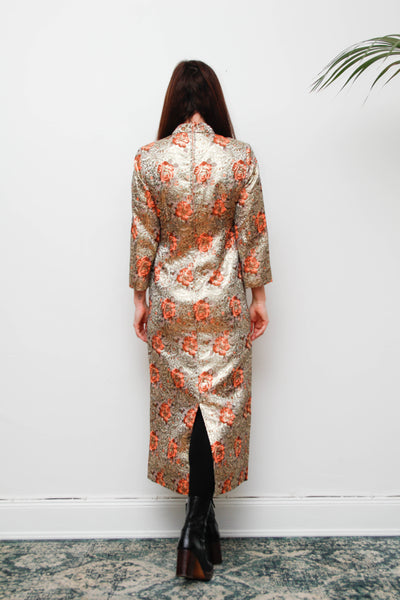 1970s Golden Floral Brocade Kaftan Maxi Dress with High Neck & Dramatic Sleeve