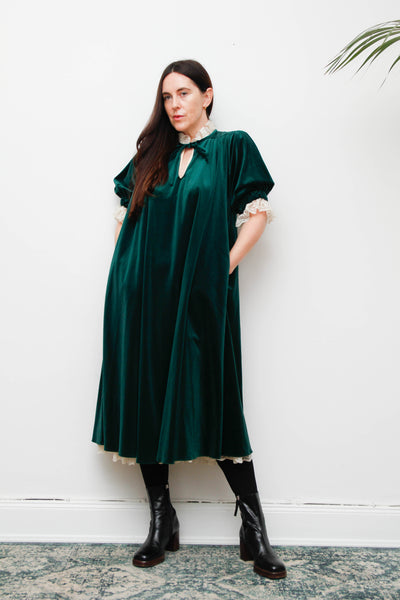 Rare Forest Green Velvet Quad Dress with Lace High Collar