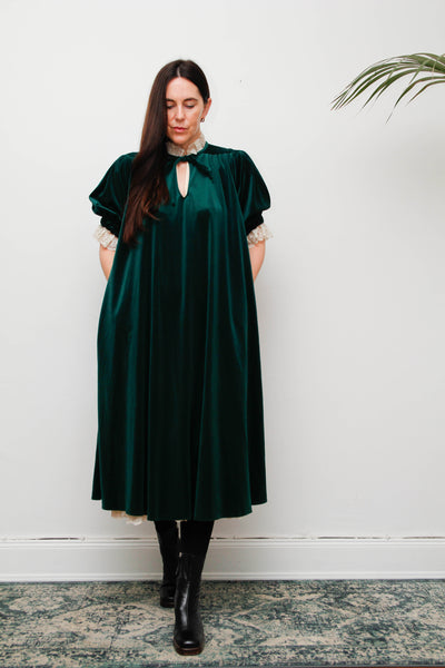 Rare Forest Green Velvet Quad Dress with Lace High Collar
