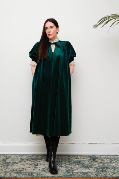 Rare Forest Green Velvet Quad Dress with Lace High Collar
