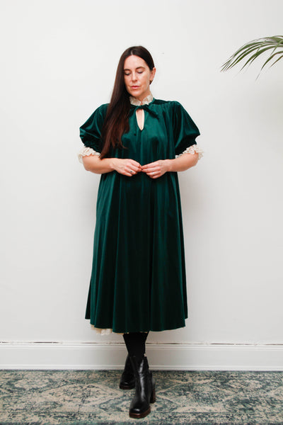 Rare Forest Green Velvet Quad Dress with Lace High Collar