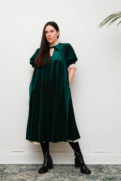Rare Forest Green Velvet Quad Dress with Lace High Collar