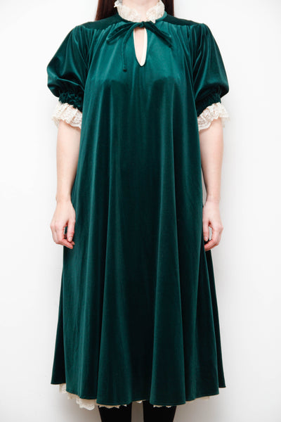 Rare Forest Green Velvet Quad Dress with Lace High Collar