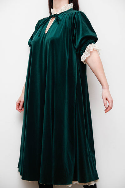Rare Forest Green Velvet Quad Dress with Lace High Collar