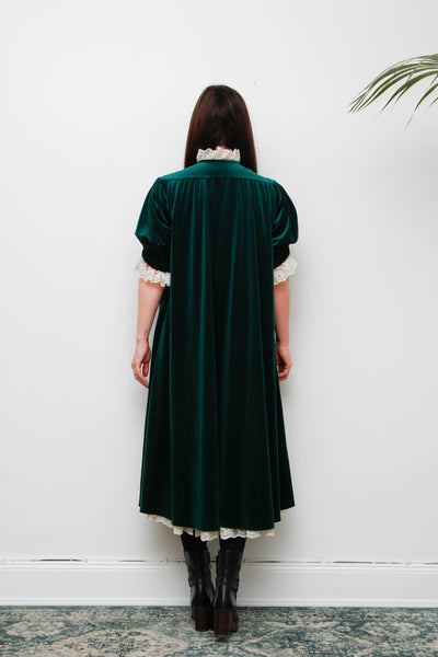 Rare Forest Green Velvet Quad Dress with Lace High Collar