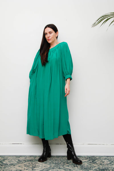 Rare 1980s Pure Silk Green Dress with Dramatic Balloon Sleeves