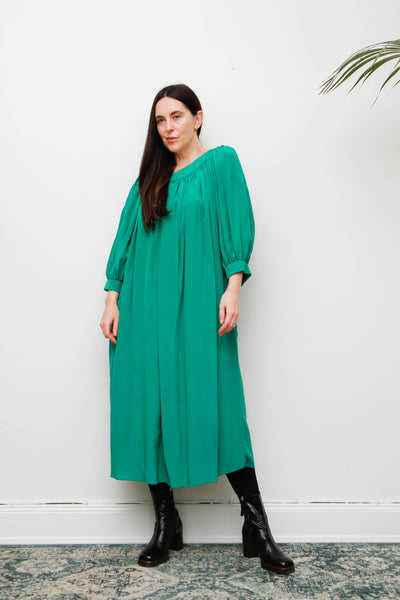 Rare 1980s Pure Silk Green Dress with Dramatic Balloon Sleeves