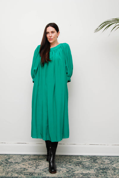Rare 1980s Pure Silk Green Dress with Dramatic Balloon Sleeves
